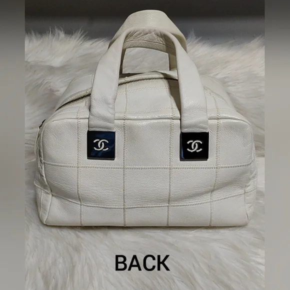 SALE! Chanel Choco Bar Coco Mark Lux Square Stitch White Boston Bowler Handbag - Picture 2 of 13